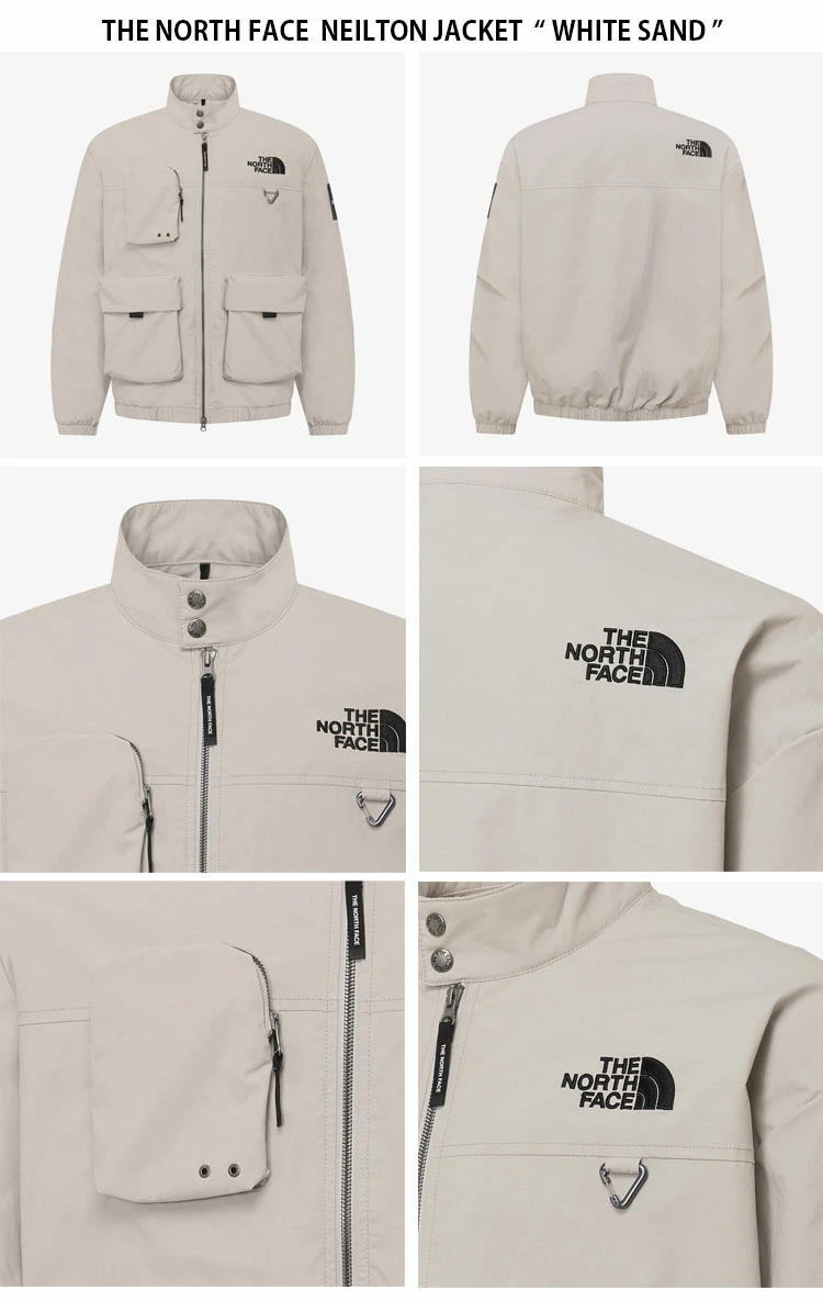 ザ・ノース・フェイスのニールトンジャケットは、ロゴ入りのハイカラーウィンドブレーカーで、カジュアルなストリートウェア風デザインが特徴です。ホワイト、ブラック、グレー、ベージュの4色展開。ユニセックス。