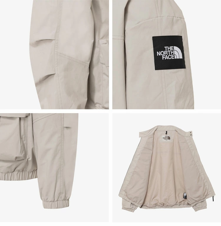 ザ・ノース・フェイスのニールトンジャケットは、ロゴ入りのハイカラーウィンドブレーカーで、カジュアルなストリートウェア風デザインが特徴です。ホワイト、ブラック、グレー、ベージュの4色展開。ユニセックス。