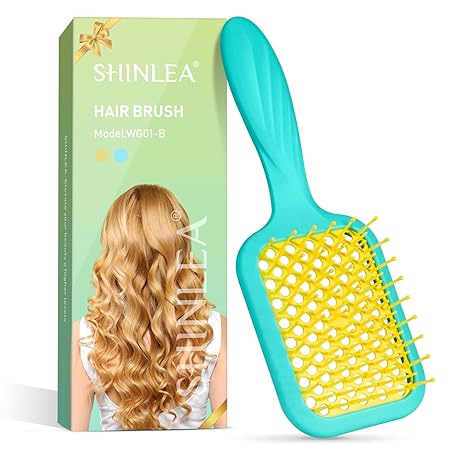 Vented Detangler Hair Brush for Curly Thick Hair, Women Hairbrush with Soft Wave-Shaped Bristles, Curl Detangling Brush for Swimming Beach (Yellow & Blue)