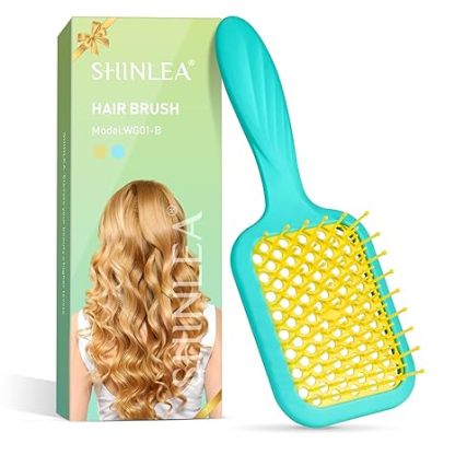 Vented Detangler Hair Brush for Curly Thick Hair, Women Hairbrush with Soft Wave-Shaped Bristles, Curl Detangling Brush for Swimming Beach (Yellow & Blue)