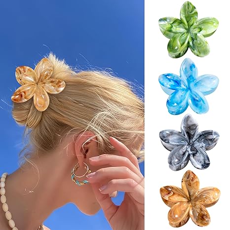 Flower Hair Clips, 4PCS Hawaiian Plumeria Flower Hair Claw, Artistic Multi-color Smudge Pattern Barrettes Hair Accessories for Thick & Thin Hair, Gifts for Women Teen Girls - Color B