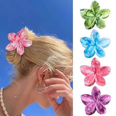 Flower Hair Clips, 4PCS Hawaiian Plumeria Flower Hair Claw, Artistic Multi-color Smudge Pattern Barrettes Hair Accessories for Thick & Thin Hair, Gifts for Women Teen Girls - Color P