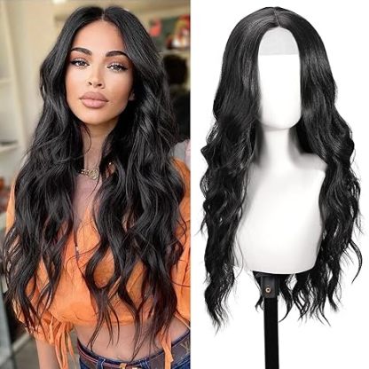 Black Wig for Women, 26 Inch Long Curly Wavy Wigs Natural Looking Synthetic Heat Resistant Fiber Wig, Lace Hairline Wig for Daily Use, Halloween & Cosplay, Black
