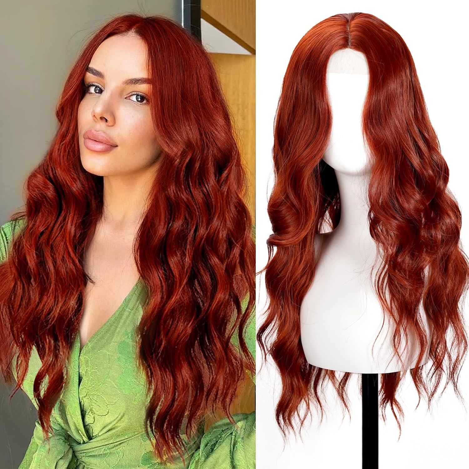 Auburn Wig for Women, 26 Inch Long Curly Wavy Wigs Natural Looking Synthetic Heat Resistant Fiber Wig, Lace Hairline Wig for Daily Use, Halloween & Cosplay, Auburn