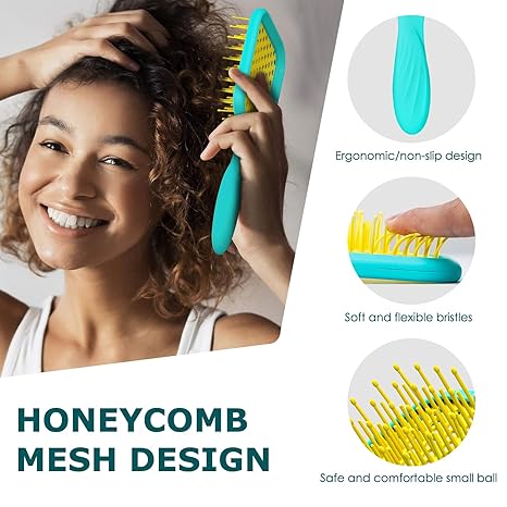 Vented Detangler Hair Brush for Curly Thick Hair, Women Hairbrush with Soft Wave-Shaped Bristles, Curl Detangling Brush for Swimming Beach (Yellow & Blue)