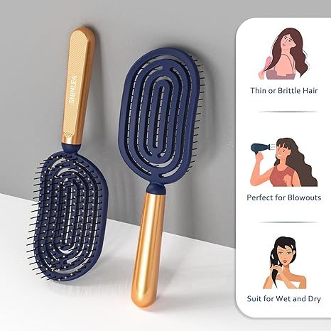 Speed Dry Detangler Brush, Spiral Vented Detangling Brush for Wet Hair, Metal-Infused Luxury Gold Handle, Curved Hairbrush with Massage Soft Bristles