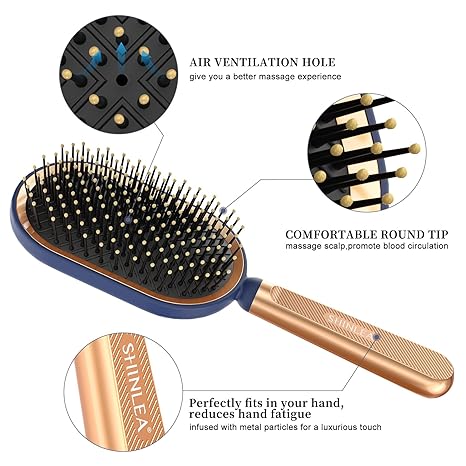 Large Paddle Brush, Detangling Brush for Thick Thin Hair, Professional Paddle Brush for Blow Drying, Massage Flexible Soft Bristles, Deluxe Gold Handle, Hair Brush for Women Men Kids