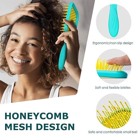 Vented Detangler Hair Brush for Curly Thick Hair, Women Hairbrush with Soft Wave-Shaped Bristles, Curl Detangling Brush for Swimming Beach (Yellow & Blue)