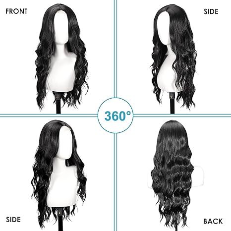 Black Wig for Women, 26 Inch Long Curly Wavy Wigs Natural Looking Synthetic Heat Resistant Fiber Wig, Lace Hairline Wig for Daily Use, Halloween & Cosplay, Black