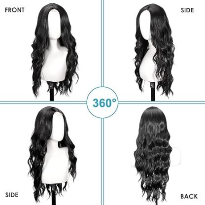 Black Wig for Women, 26 Inch Long Curly Wavy Wigs Natural Looking Synthetic Heat Resistant Fiber Wig, Lace Hairline Wig for Daily Use, Halloween & Cosplay, Black