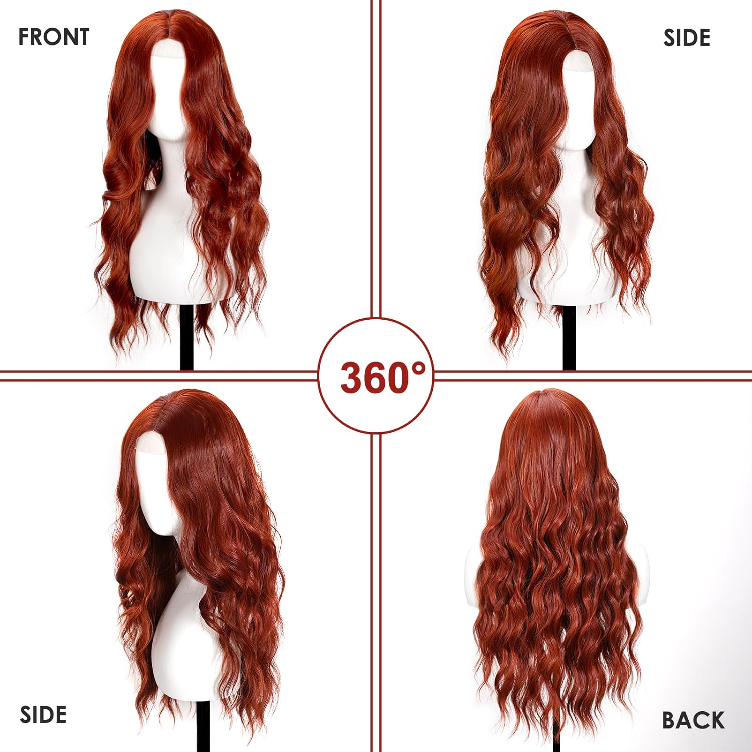 Auburn Wig for Women, 26 Inch Long Curly Wavy Wigs Natural Looking Synthetic Heat Resistant Fiber Wig, Lace Hairline Wig for Daily Use, Halloween & Cosplay, Auburn