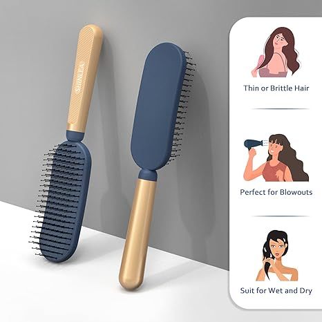 Slim Hair Brush for Fine Thin Thick Hair, Soft Double Nylon Bristles for Deep Detangling & Massage, Metal-Infused Luxury Gold Handle, Gift for Women Men Kids