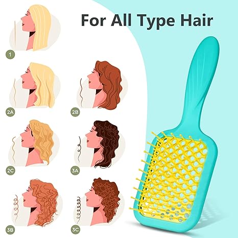 Vented Detangler Hair Brush for Curly Thick Hair, Women Hairbrush with Soft Wave-Shaped Bristles, Curl Detangling Brush for Swimming Beach (Yellow & Blue)