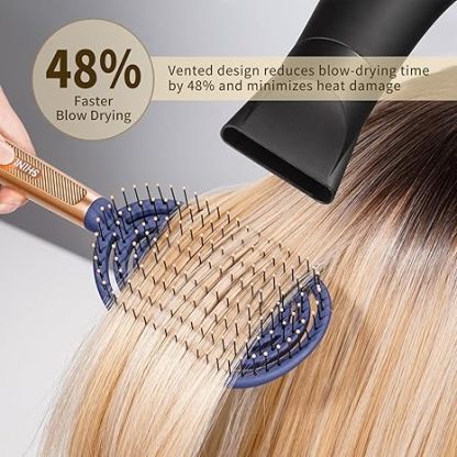 Speed Dry Detangler Brush, Spiral Vented Detangling Brush for Wet Hair, Metal-Infused Luxury Gold Handle, Curved Hairbrush with Massage Soft Bristles