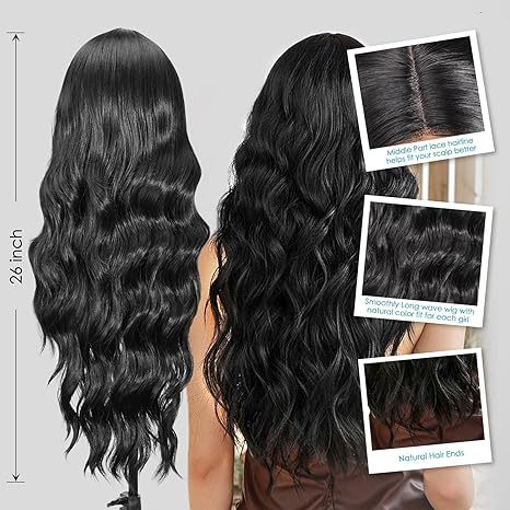 Black Wig for Women, 26 Inch Long Curly Wavy Wigs Natural Looking Synthetic Heat Resistant Fiber Wig, Lace Hairline Wig for Daily Use, Halloween & Cosplay, Black