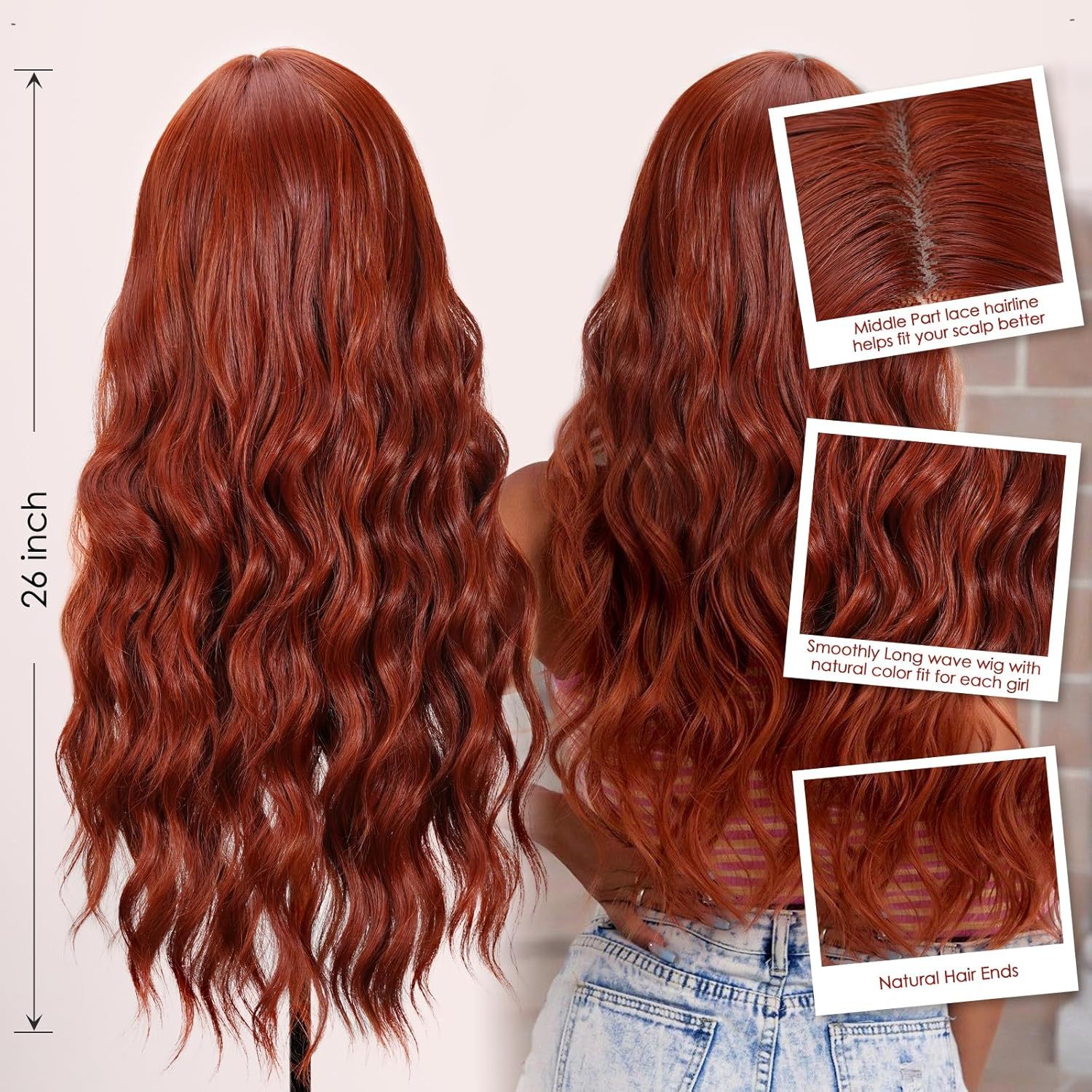 Auburn Wig for Women, 26 Inch Long Curly Wavy Wigs Natural Looking Synthetic Heat Resistant Fiber Wig, Lace Hairline Wig for Daily Use, Halloween & Cosplay, Auburn