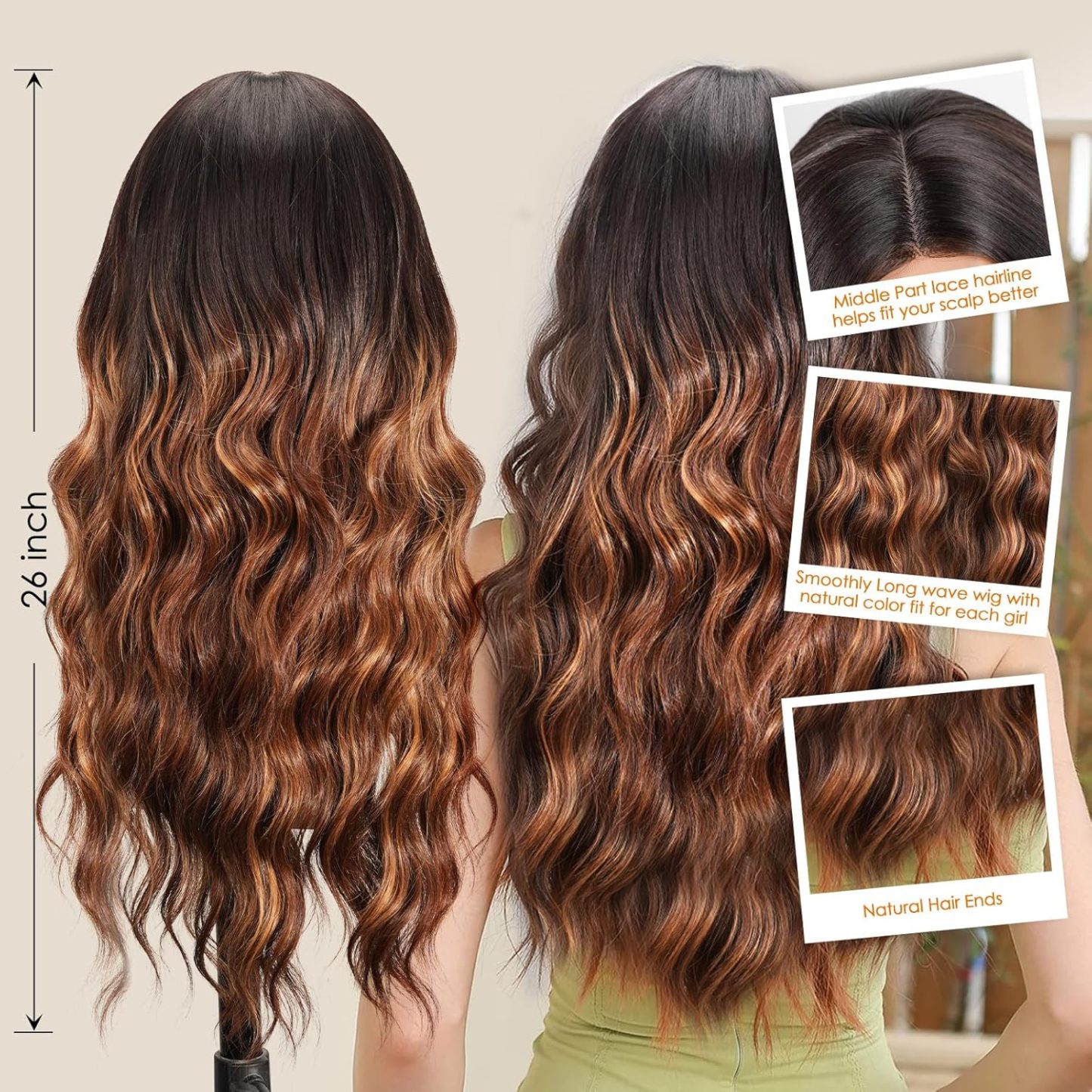 Brown Highlight Wig for Women, 26 Inch Long Curly Wavy Wigs Natural Looking Synthetic Heat Resistant Fiber Wig, Lace Hairline Wig for Daily Use, Halloween & Cosplay, Brown Highlight