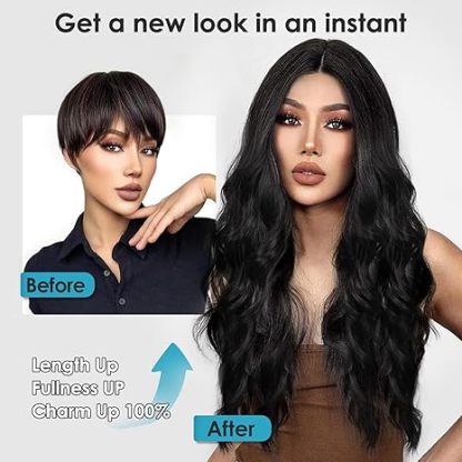 Black Wig for Women, 26 Inch Long Curly Wavy Wigs Natural Looking Synthetic Heat Resistant Fiber Wig, Lace Hairline Wig for Daily Use, Halloween & Cosplay, Black