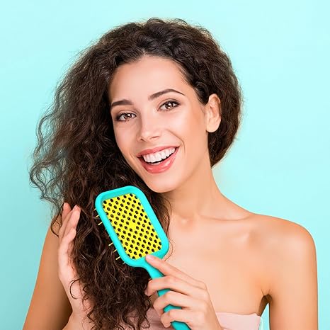 Vented Detangler Hair Brush for Curly Thick Hair, Women Hairbrush with Soft Wave-Shaped Bristles, Curl Detangling Brush for Swimming Beach (Yellow & Blue)