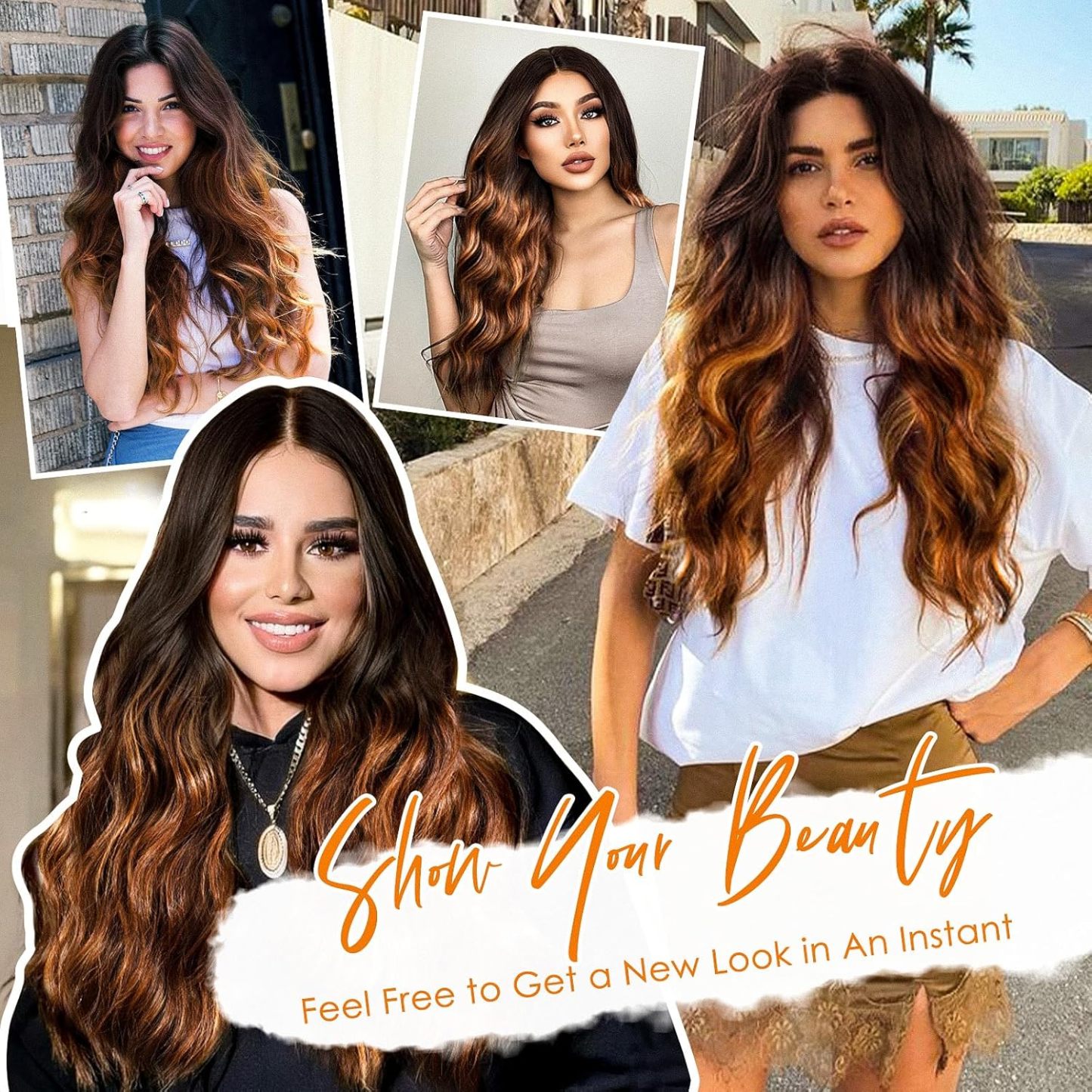 Brown Highlight Wig for Women, 26 Inch Long Curly Wavy Wigs Natural Looking Synthetic Heat Resistant Fiber Wig, Lace Hairline Wig for Daily Use, Halloween & Cosplay, Brown Highlight