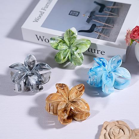 Flower Hair Clips, 4PCS Hawaiian Plumeria Flower Hair Claw, Artistic Multi-color Smudge Pattern Barrettes Hair Accessories for Thick & Thin Hair, Gifts for Women Teen Girls - Color B