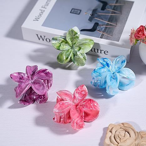 Flower Hair Clips, 4PCS Hawaiian Plumeria Flower Hair Claw, Artistic Multi-color Smudge Pattern Barrettes Hair Accessories for Thick & Thin Hair, Gifts for Women Teen Girls - Color P