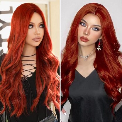 Auburn Wig for Women, 26 Inch Long Curly Wavy Wigs Natural Looking Synthetic Heat Resistant Fiber Wig, Lace Hairline Wig for Daily Use, Halloween & Cosplay, Auburn