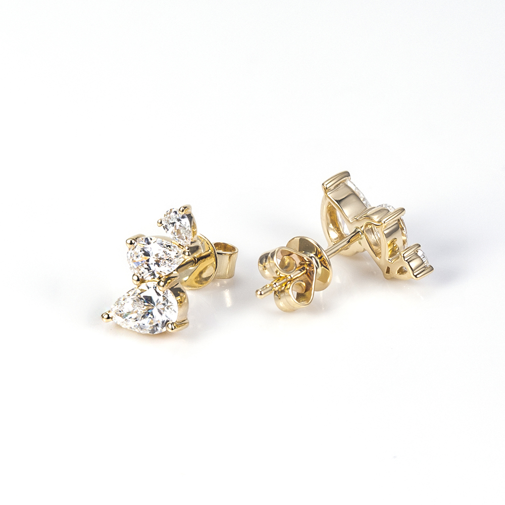 Pear Shape Three Stones Lab Grown Diamond E VVS2 14K Gold Earrings MSE-772