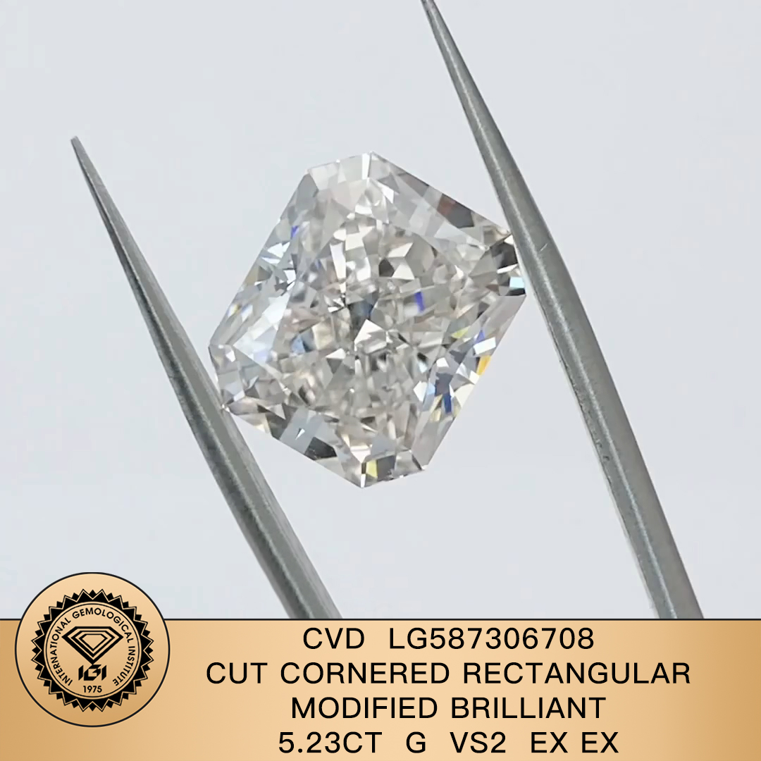 MissDiamond CVD LG587306708 Radiant Cut 5.23CT G VS2 EX EX Lab Grown Diamond
