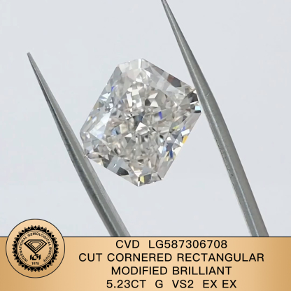 MissDiamond CVD LG587306708 Radiant Cut 5.23CT G VS2 EX EX Lab Grown Diamond