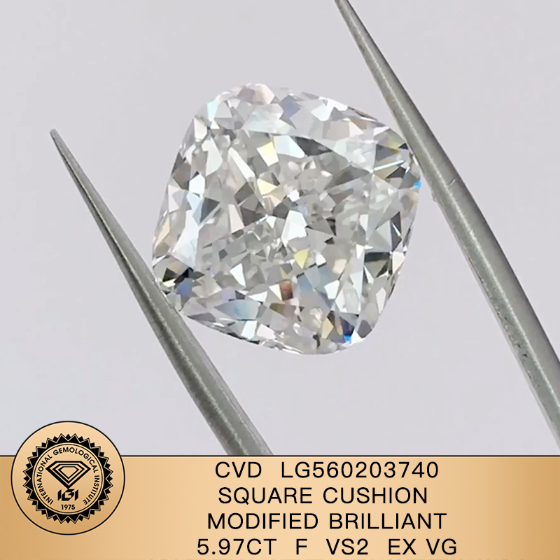 CVD LG560203740 Square Cushion Modified Brilliant 5.97CT F VS2 EX VG Lab Grown Diamond