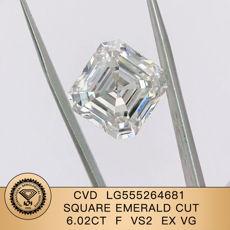 CVD LG555264681 Square Emerald Cut 6.02CT F VS2 EX VG Lab Grown Diamond