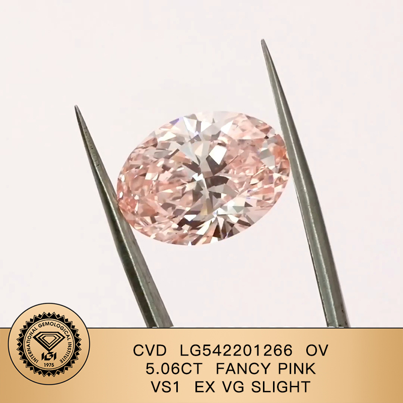 CVD LG542201266 Oval Shape 5.06CT Fancy Pink VS1 EX VG Slight Lab Grown Diamond