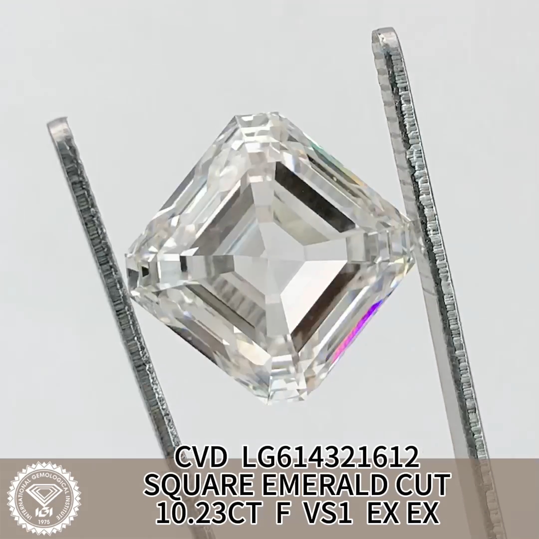MissDiamond CVD LG614321612 SQUARE EMERALD CUT 10.23CT F VS1 EX EX Lab Grown Diamond