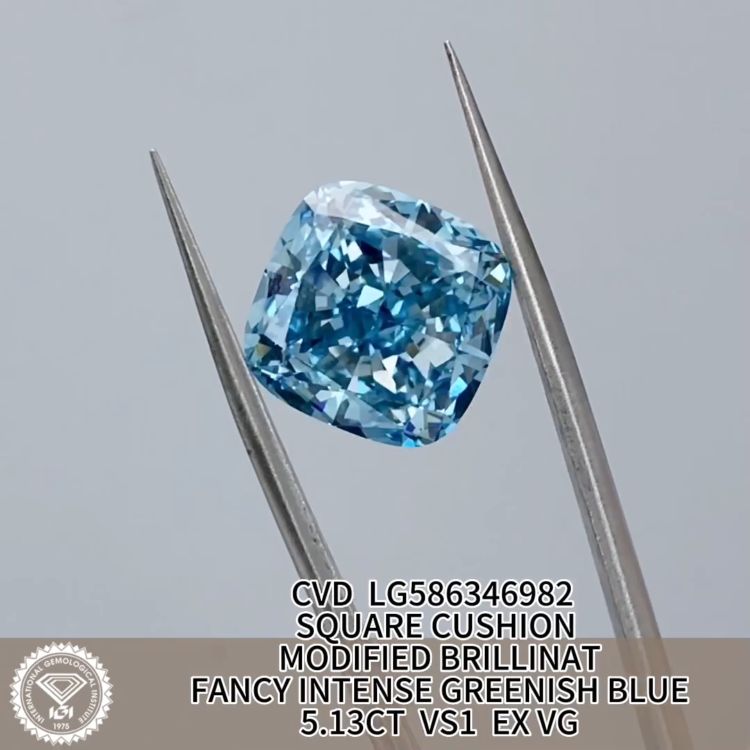 MissDiamond CVD LG586346982 Square Cushion Modified Brillinat Fancy Intense Greenish Blue 5.13CT VS1 EX VG Lab Grown Diamond