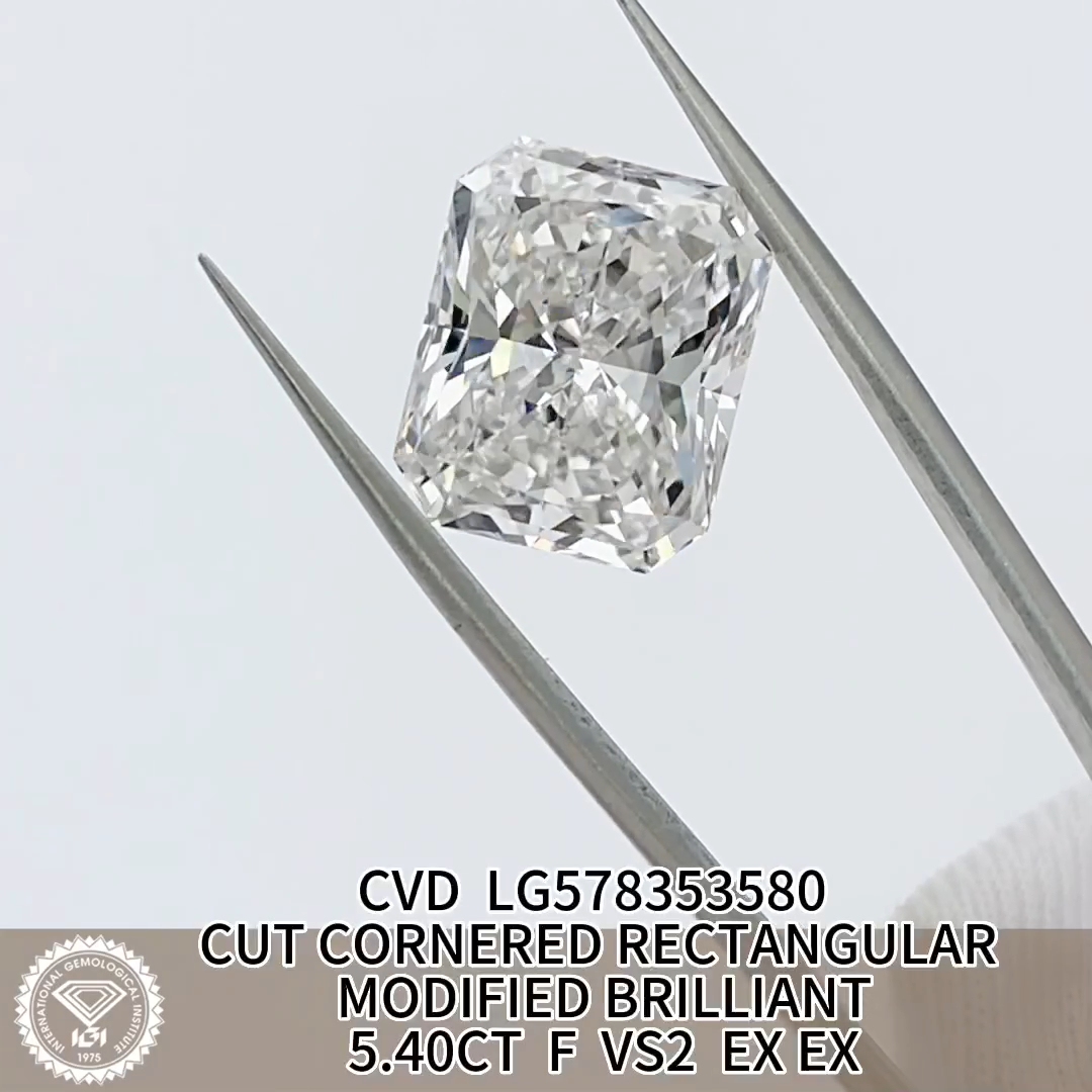 MissDiamond CVD LG578353580 Radiant Cut 5.40CT F VS2 EX EX Lab Grown Diamond