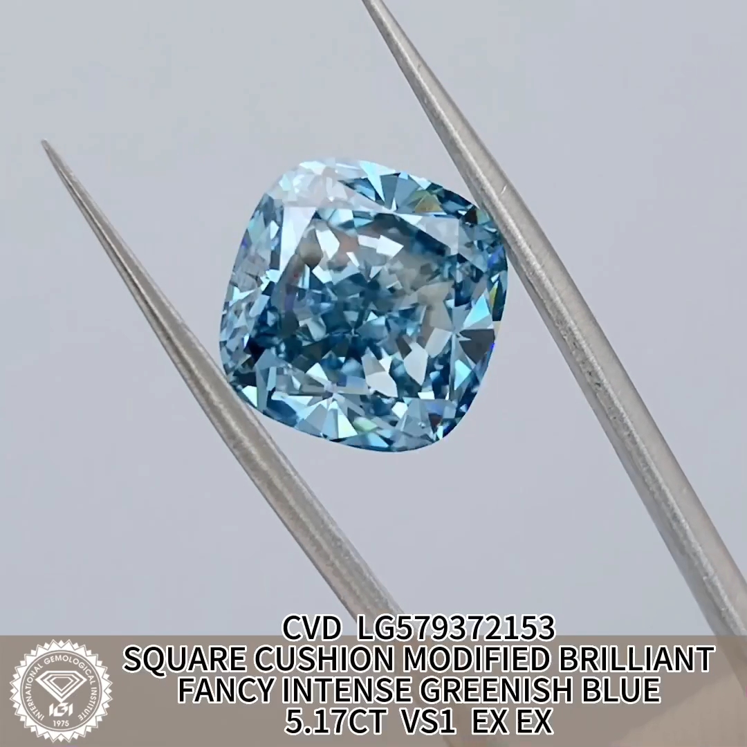 MissDiamond CVD LG579372153 Square Cushion Modified Brillinat Fancy Intense Greenish Blue 5.17CT VS1 EX EX Lab Grown Diamond