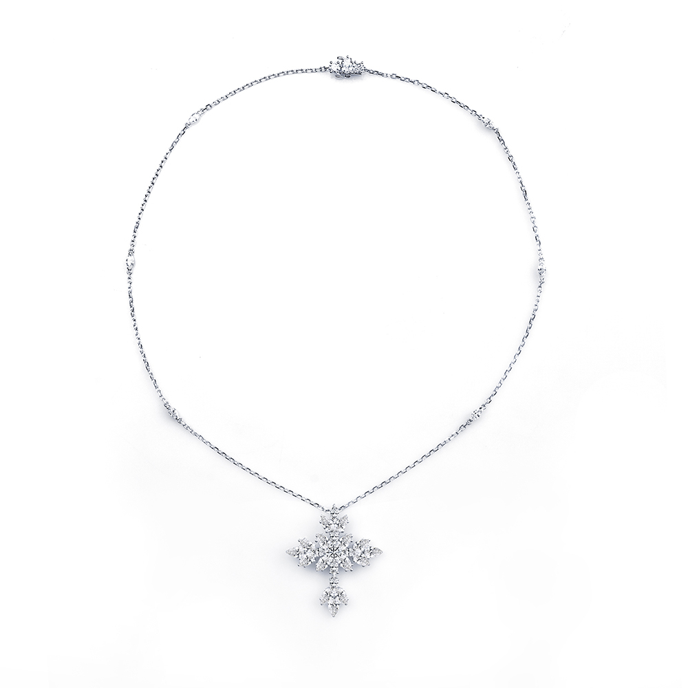 Fancy Shape Cross Pendant Lab Grown Diamond E VVS2 18K White Gold Necklace MSN-843