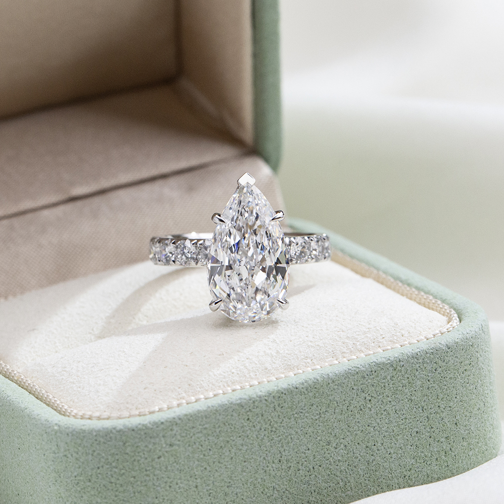 MissDiamond Pear Lab Grown Diamond 4.06CT E VVS2 Accented Solitatire 18K White Gold Ring MSR-1991