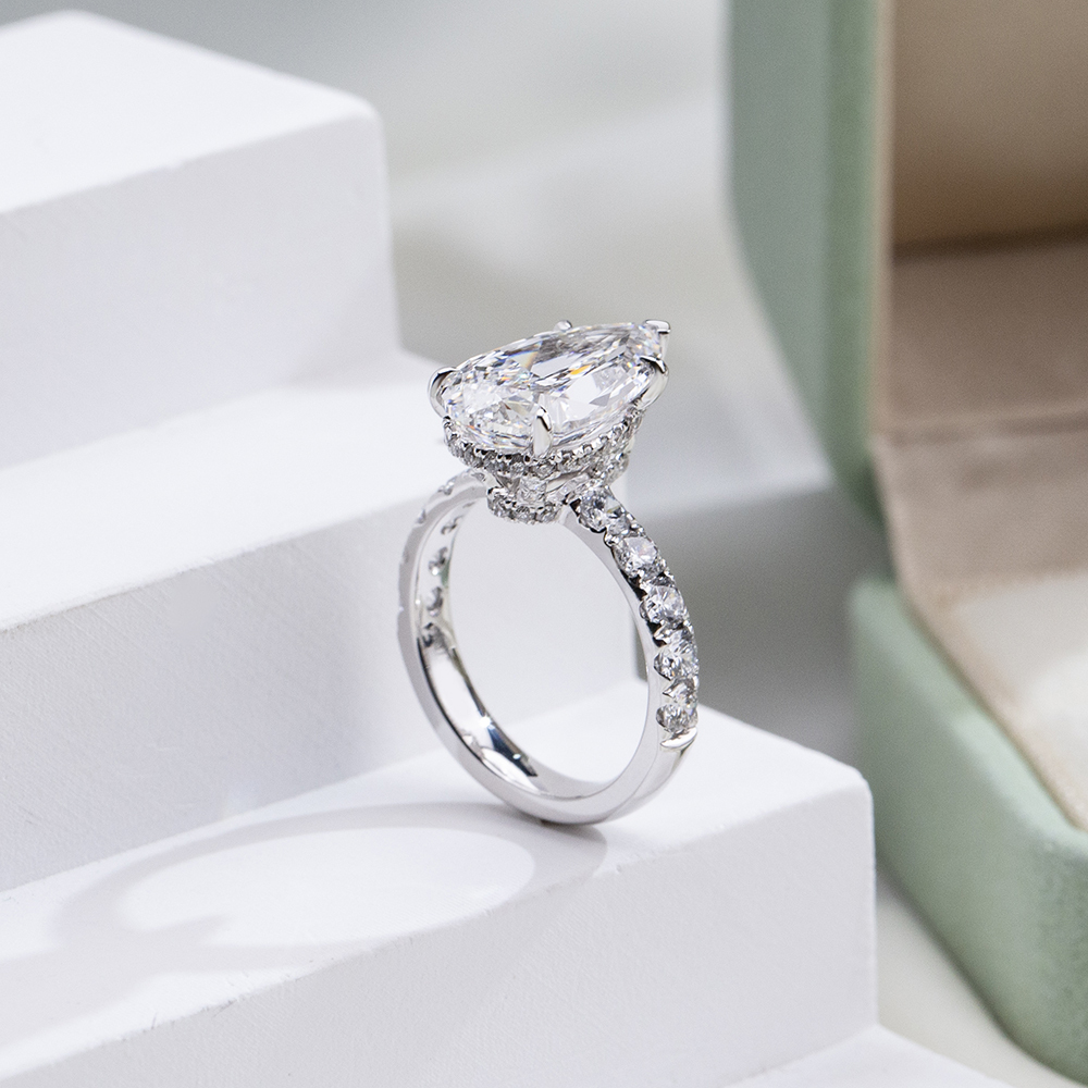 MissDiamond Pear Lab Grown Diamond 4.06CT E VVS2 Accented Solitatire 18K White Gold Ring MSR-1991