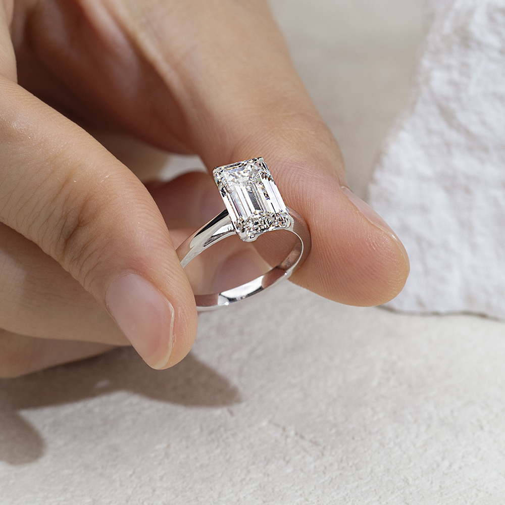 Emerald Cut Lab Grown Diamond 3CT Solitaire E VVS2 18K White Gold Ring MSR-1680