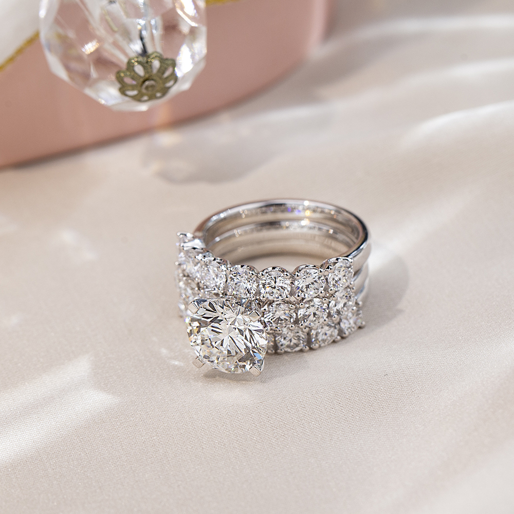 MissDiamond Round Cut Lab Grown Diamond 3CT Solitaire D VVS1 18K Gold Ring Set MSR-1779