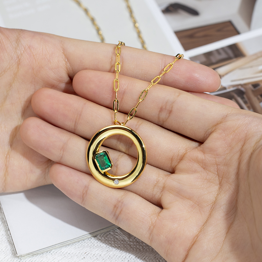 Octagon Shape Lab Emerald S925 Silver Yellow colour Round Pendant Necklace MSN-844