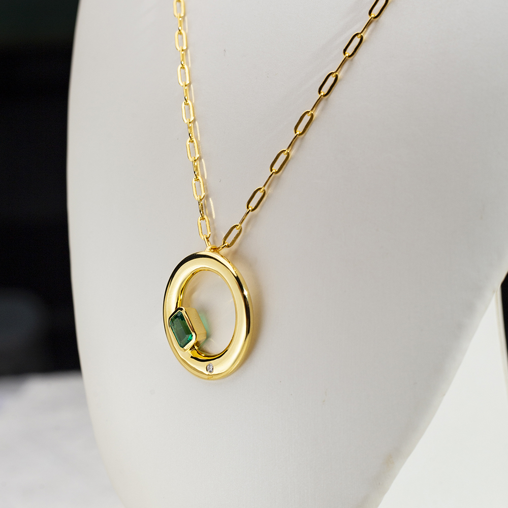 Octagon Shape Lab Emerald S925 Silver Yellow colour Round Pendant Necklace MSN-844