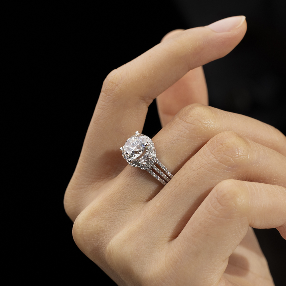 Round Cut Lab Grown Diamond 3CT Halo D VVS2 18K White Gold Three Rows Ring MSR-1681