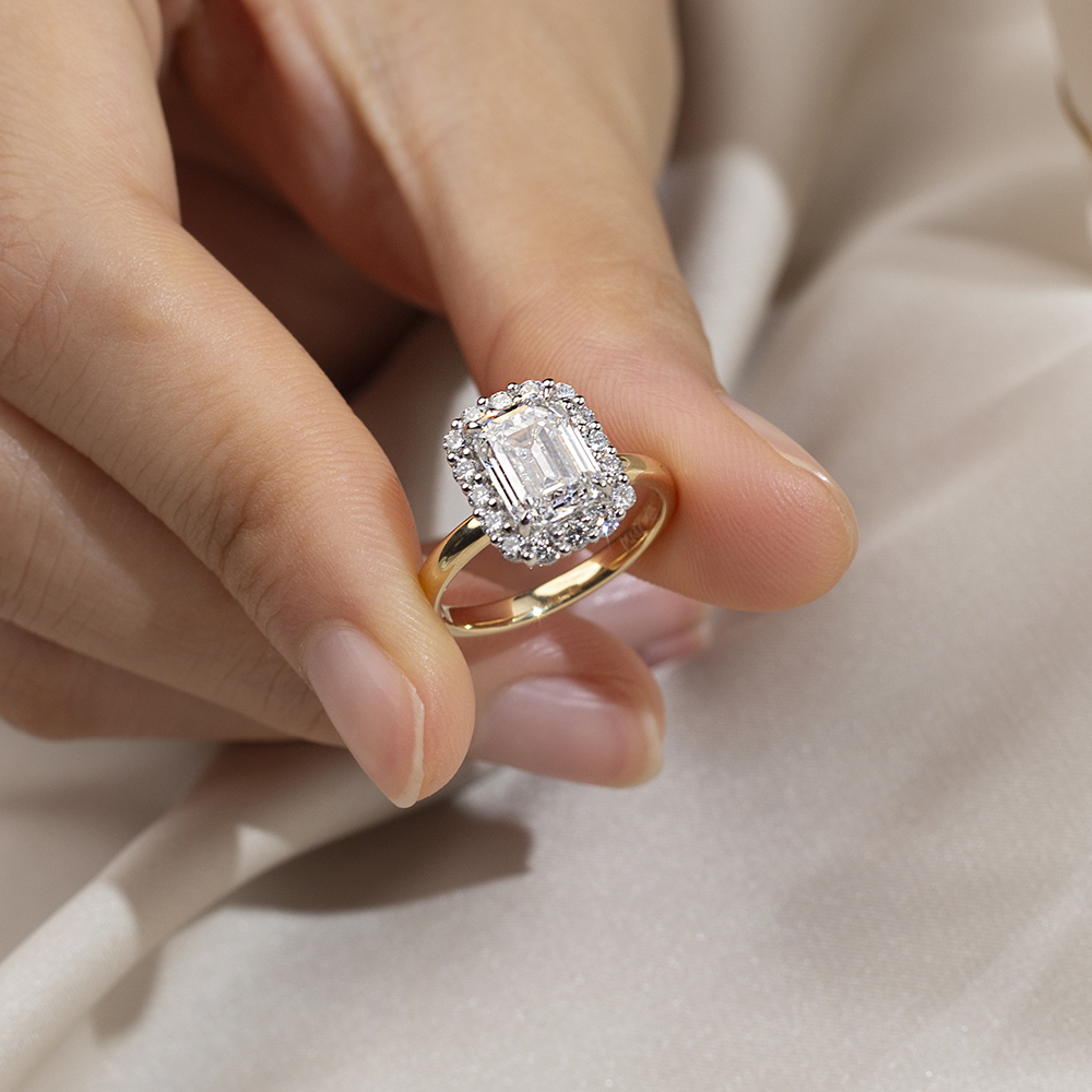 Emerald Cut Lab Grown Diamond 2.19CT Halo E VS1 18K Yellow Gold Ring MSR-1683