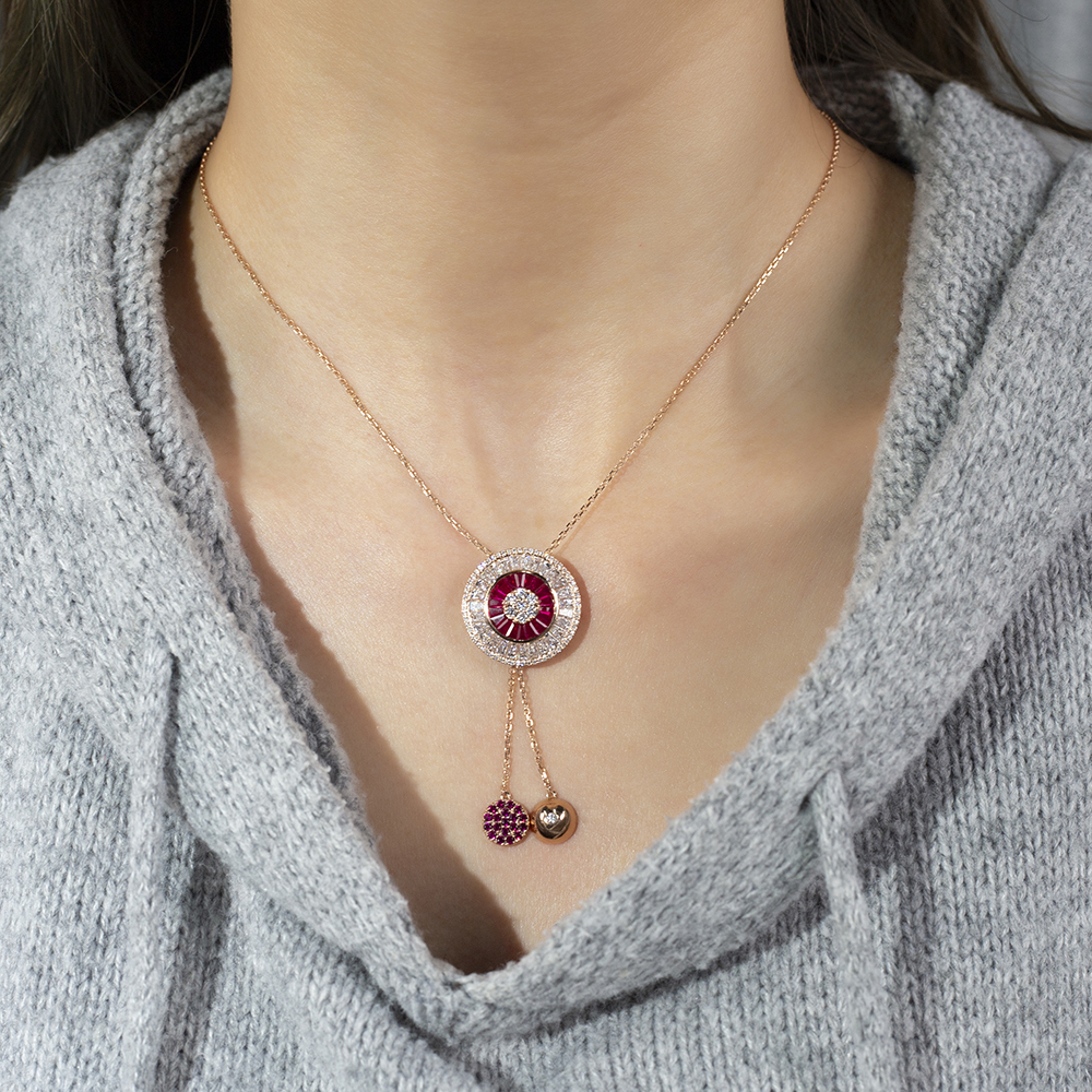 Fancy Shape Lab Diamond E VVS2 Lab Ruby 18K Rose Gold Necklace MSN-850