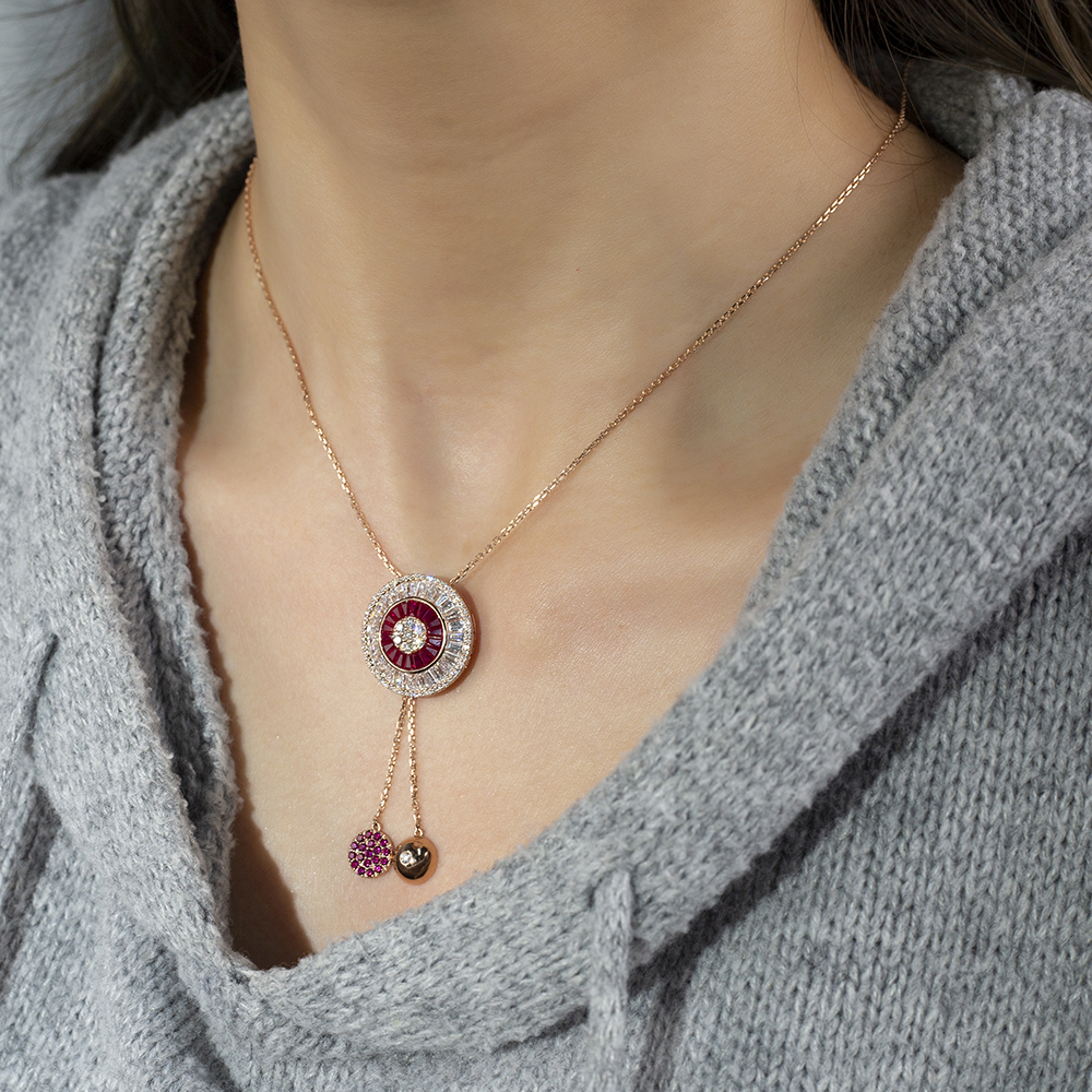 Fancy Shape Lab Diamond E VVS2 Lab Ruby 18K Rose Gold Necklace MSN-850