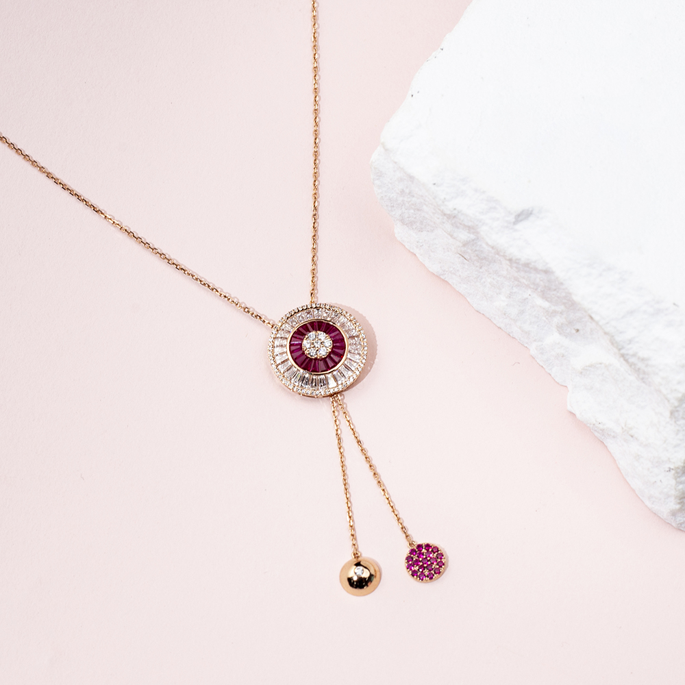 Fancy Shape Lab Diamond E VVS2 Lab Ruby 18K Rose Gold Necklace MSN-850
