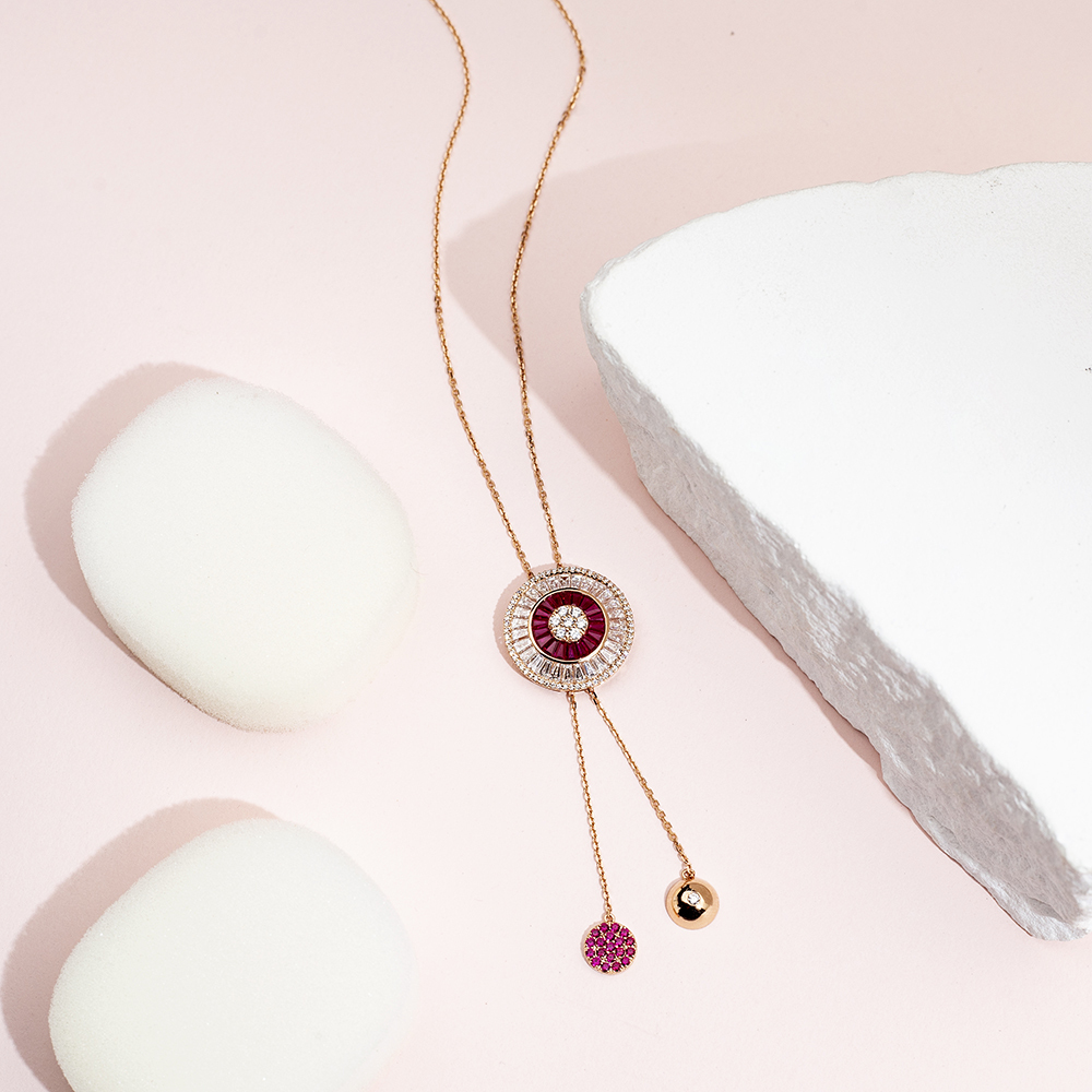 Fancy Shape Lab Diamond E VVS2 Lab Ruby 18K Rose Gold Necklace MSN-850